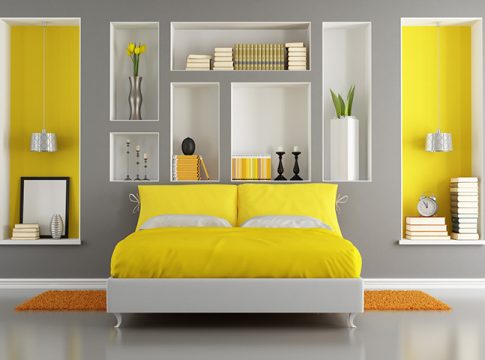 Yellow and gray modern bedroom with double bed and niche - rendering