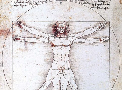 Proportionsschema der menschlichen Gestalt nach Vitruv ­ Skizze von Leonardo da Vinci, 1485/90, Venedig, Galleria dell' Accademia