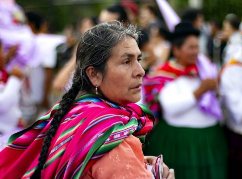 Lima, Peru - March 8 2019: Native Peruvian woman wearing Andean traditional clothes at woman's day march. Portrait of indigenous female.