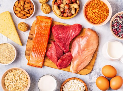 Sources of healthy protein - meat, fish, dairy products, nuts, legumes, and grains.