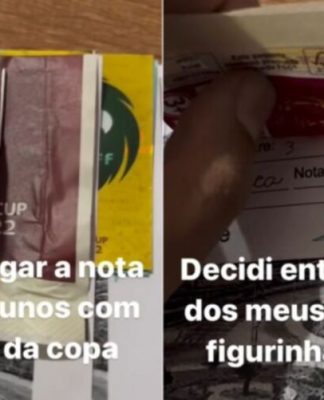 Professora incentiva alunos ao estudo com figurinhas da Copa