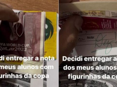 Professora incentiva alunos ao estudo com figurinhas da Copa