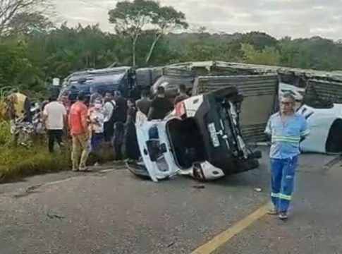 Carreta-cegonha tomba e interdita rodovia no Pará