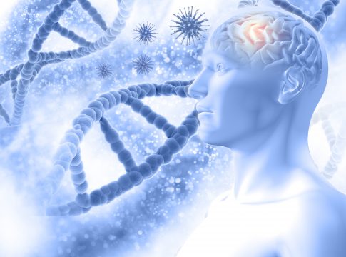 3D medical background with a male figure with brain and virus cells