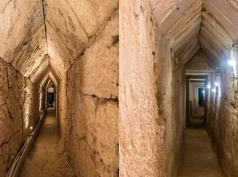 O posicionamento do túnel dentro das paredes do templo é considerado um sinal de que o túmulo da última rainha do Egito e do amante dela, Marco Antônio, podem estar sob o templo. Foto: Divulgação