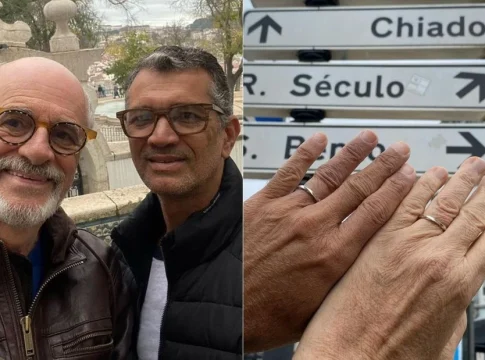 Aos 70 anos, Marcos Caruso, no ar na novela "Travessias", se casou com o técnico de enfermagem Marcos Paiva neste domingo (18). Foto: Divulgação