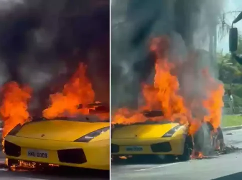 Uma Lamborghini conversível amarela foi consumida pelo fogo e ficou irreconhecível na tarde deste sábado. Foto: Reprodução