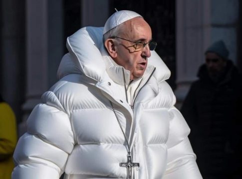 No sábado (25), as redes sociais foram inundadas com uma imagem falsa do papa Francisco vestindo um casacão branco. Foto: Divulgação