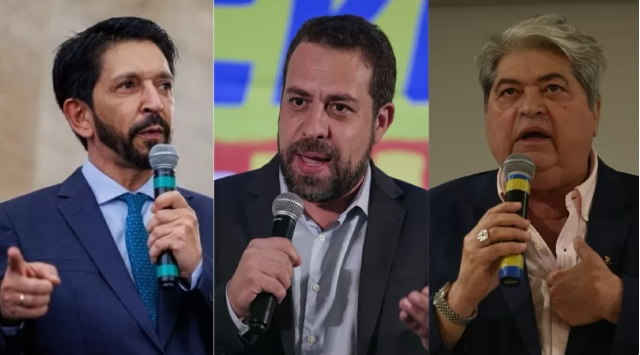 O prefeito Ricardo Nunes (MDB), o deputado federal Guilherme Boulos (PSOL-SP) e o apresentador José Luiz Datena (PSDB) aparecem empatados tecnicamente